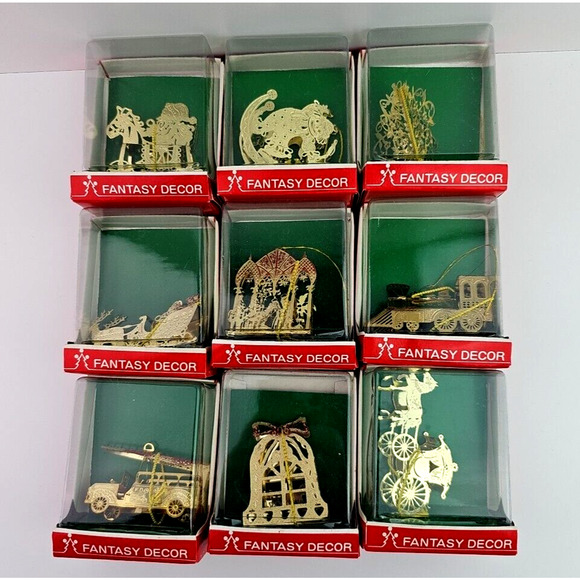 Fantasy Decor Christmas Lot of 9 Vintage Ornaments Gold Tone Light Metal Mixed - Picture 2 of 10